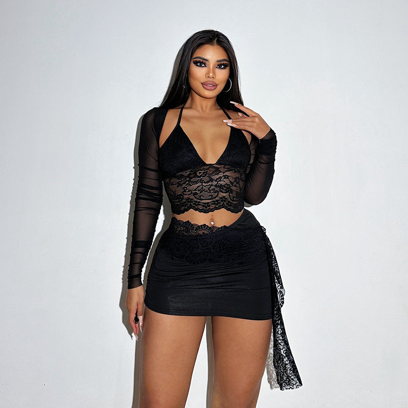 Lace Mesh Two Piece Skirt Set