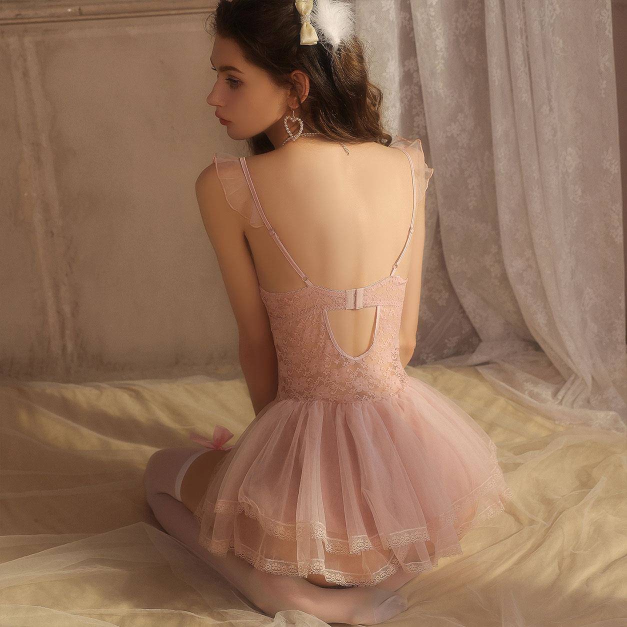 Lace Mesh Backless Lingerie Dress Set