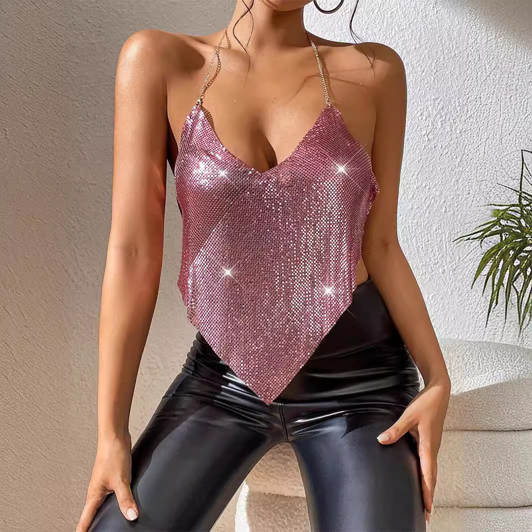 Metal Sequin Halter Crop Top