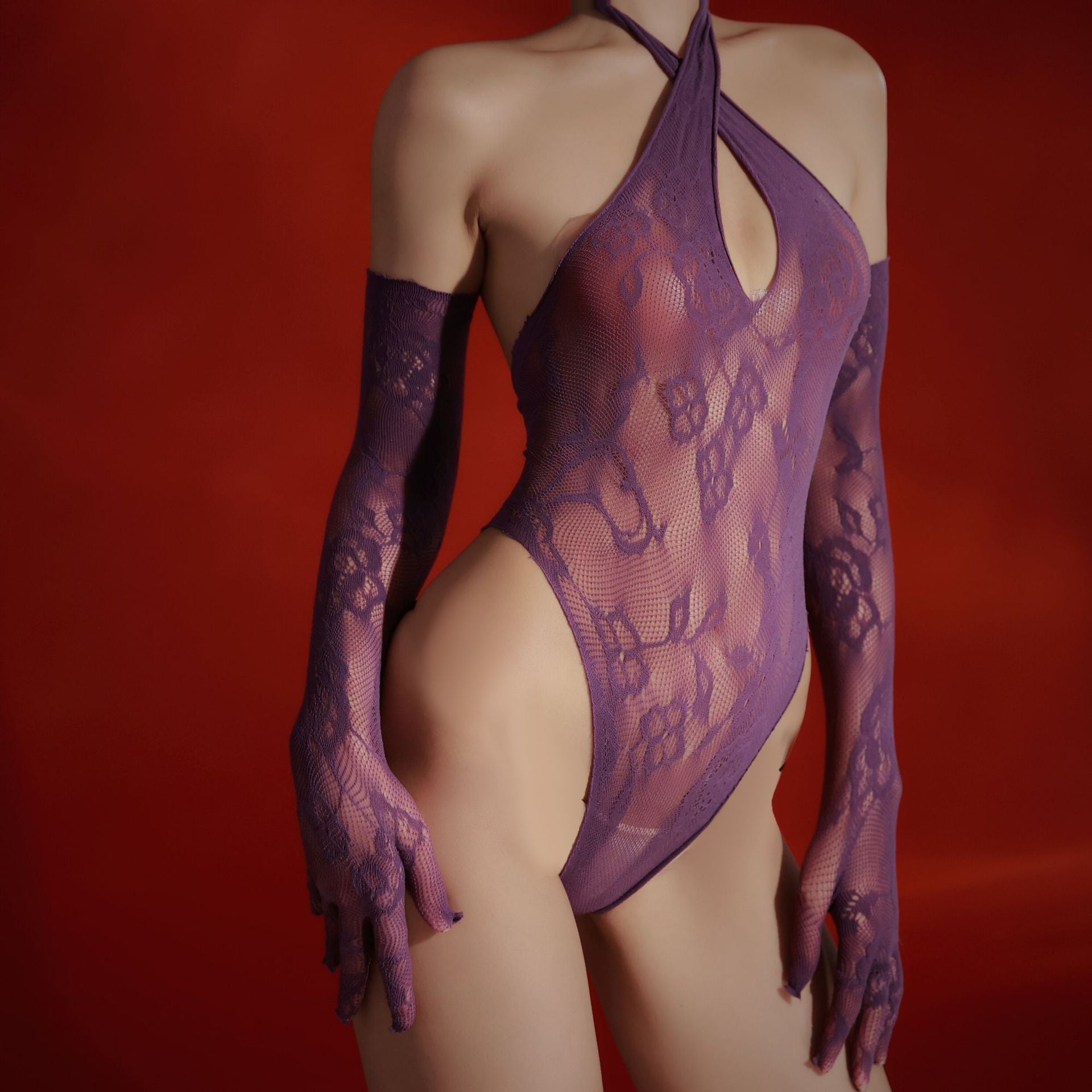 Purple Lace Mesh Bodysuit Set