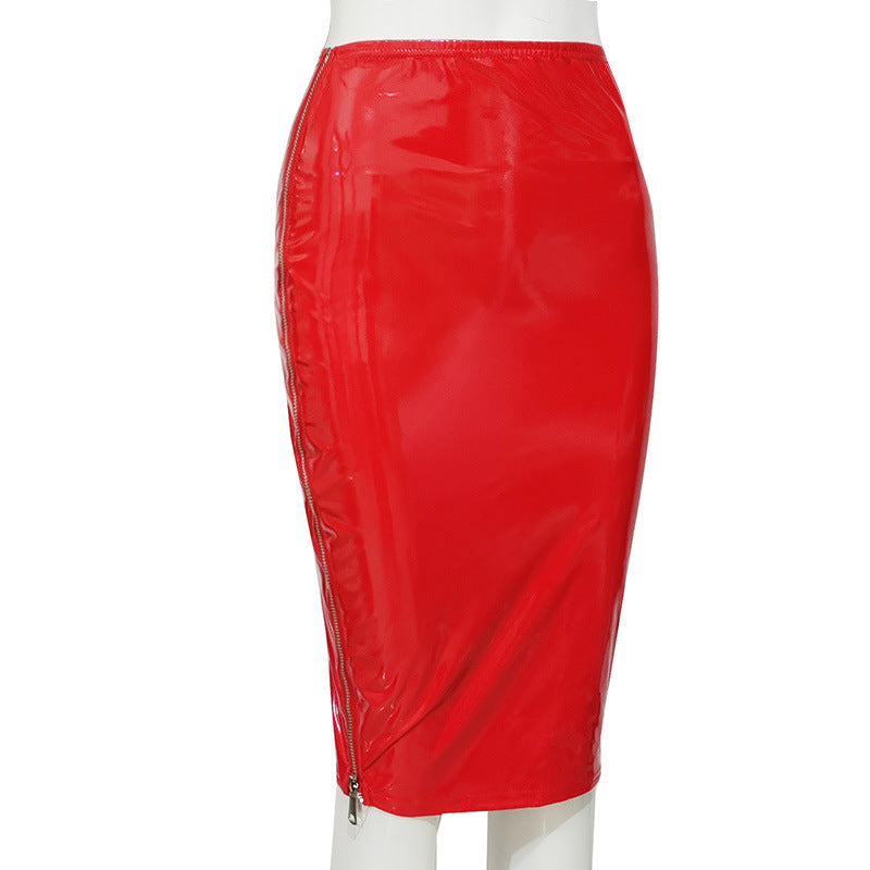 Glossy PU High Waist Midi Pencil Skirt