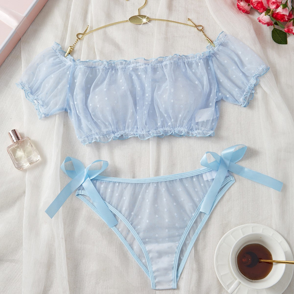 Polka Dot Off Shoulder Lingerie Set