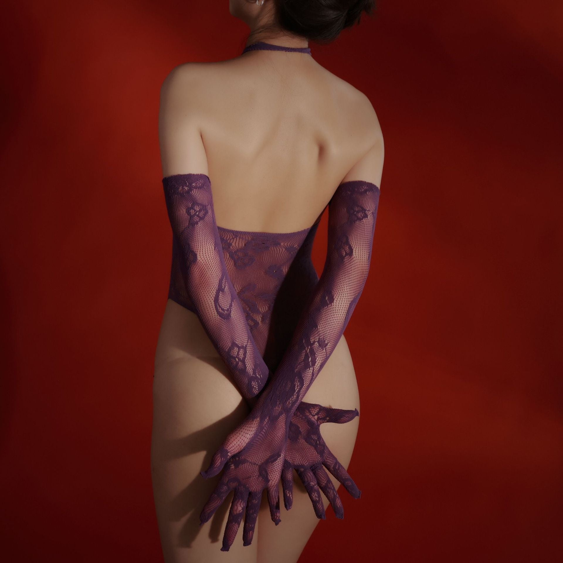 Purple Lace Mesh Bodysuit Set