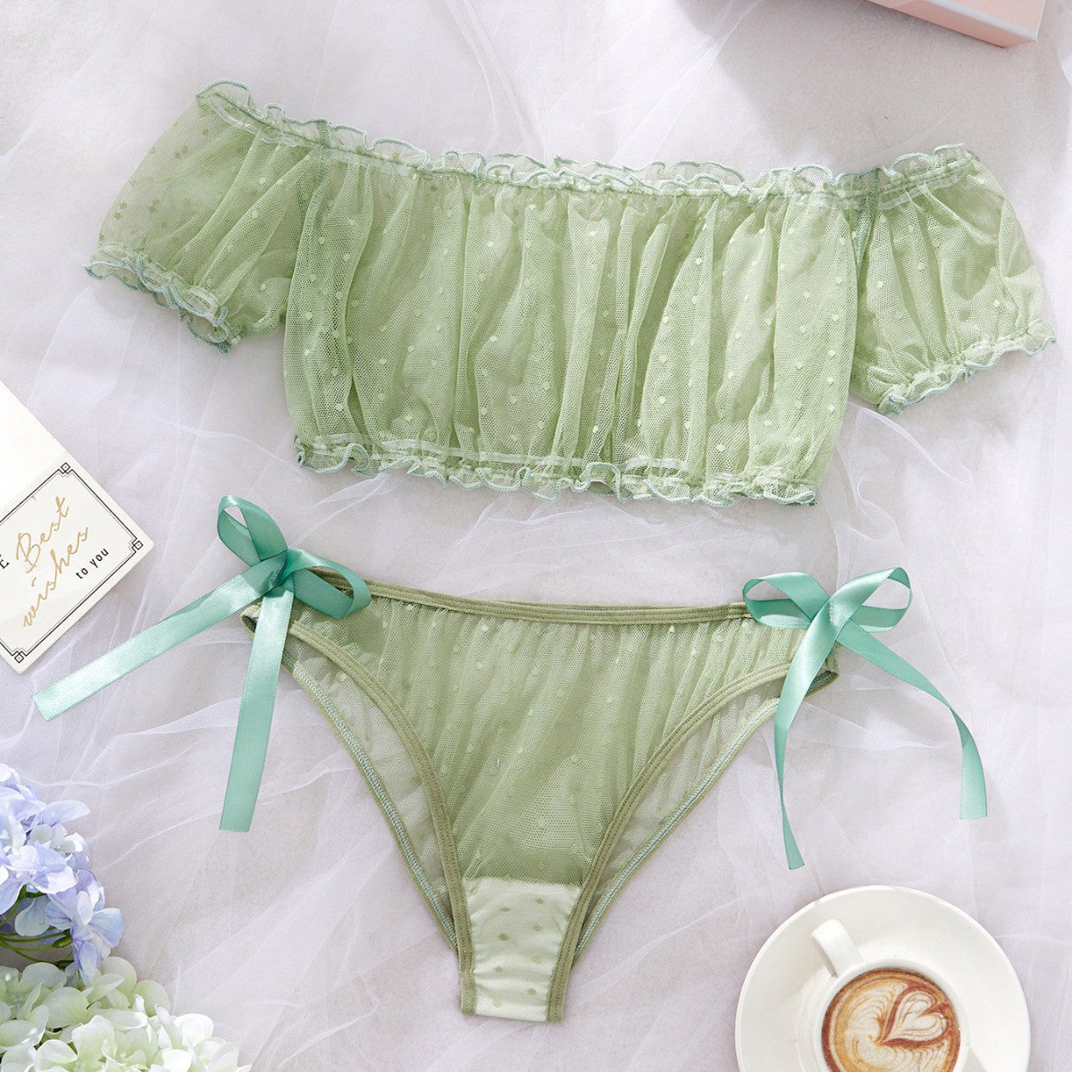 Polka Dot Off Shoulder Lingerie Set