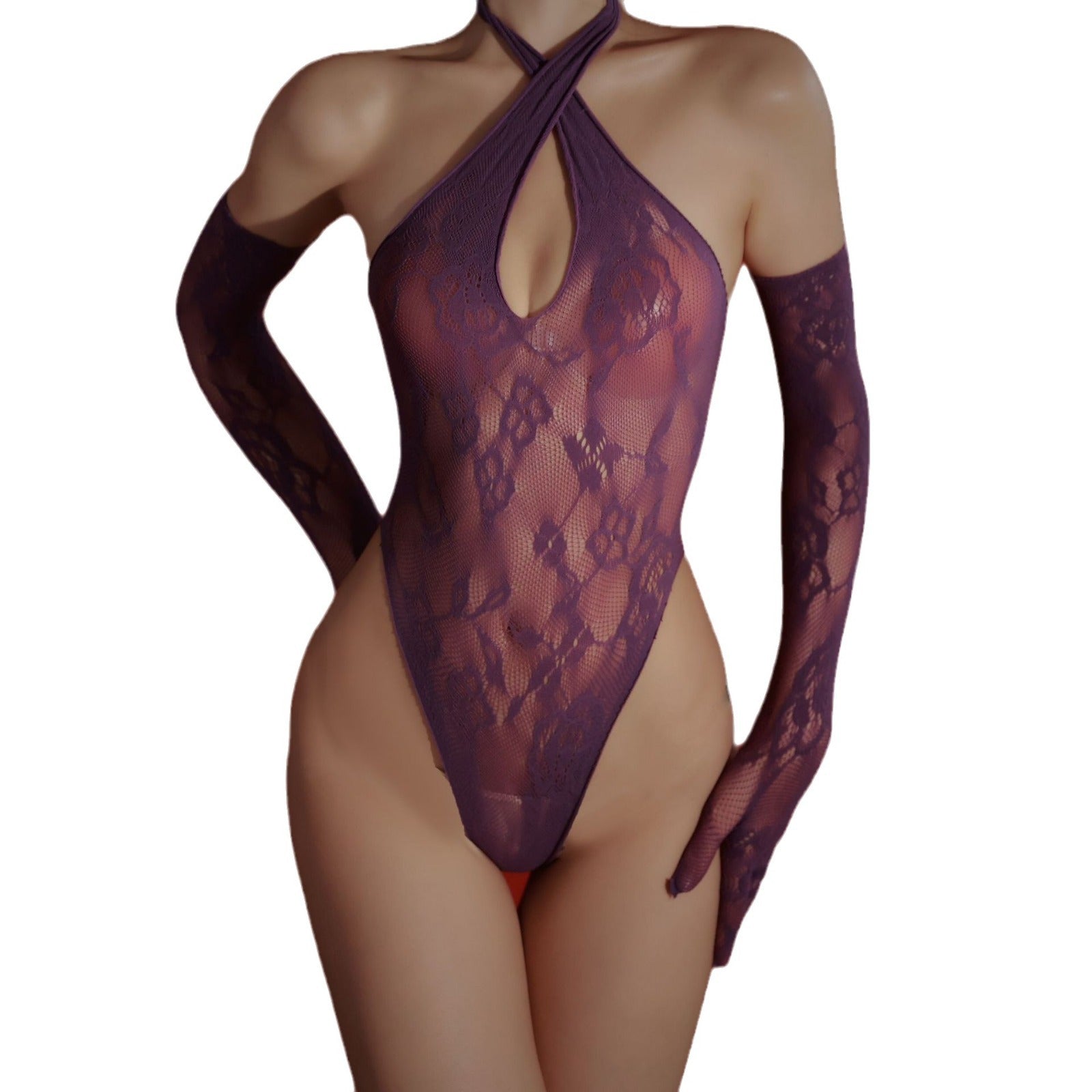 Purple Lace Mesh Bodysuit Set