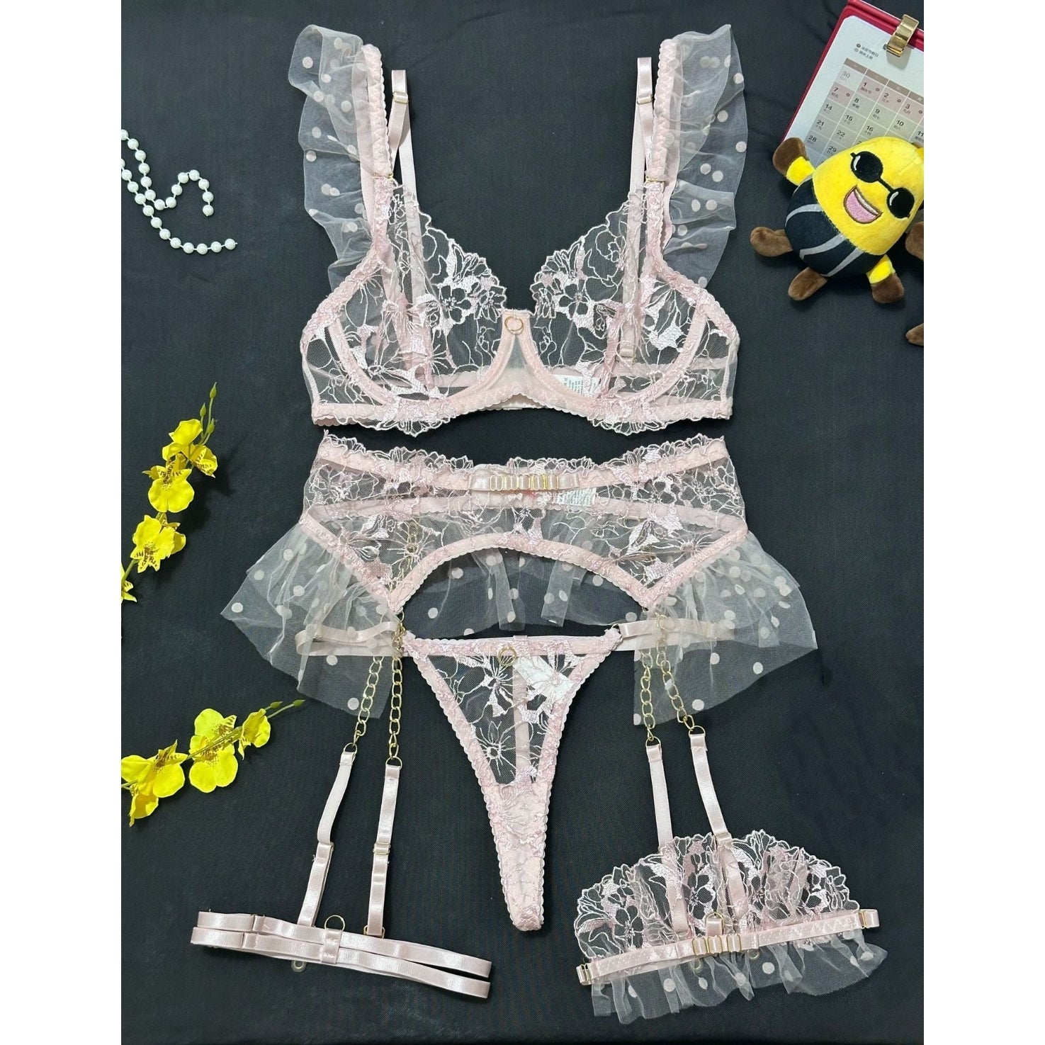 Embroidered Lace Chain Lingerie Set
