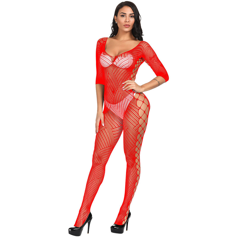 Open Crotch Jacquard Mesh Bodystocking