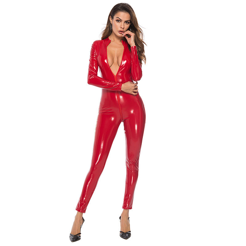 Glossy Zippered PU Catsuit