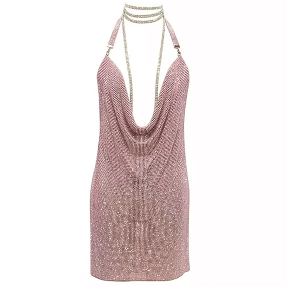 Hot selling metal sequin slip dress with diamond chain