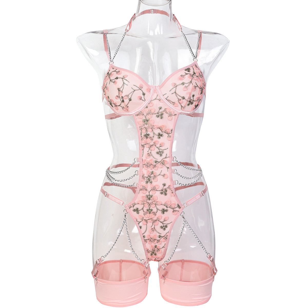 Lace Embroidered Metal Chain Halter Bodysuit