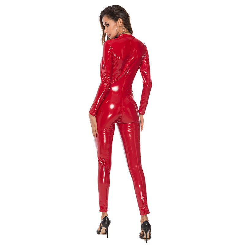 Bright leather jumpsuit PU patent leather suit