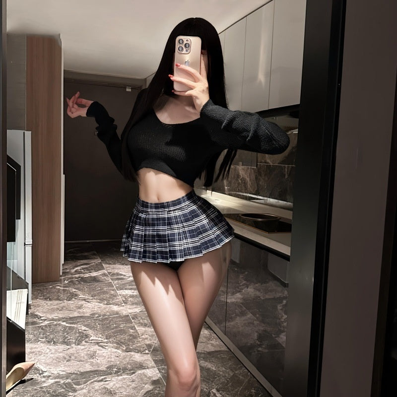 Sexy Uniform Low-Neck Sweater Plaid Miniskirt Set