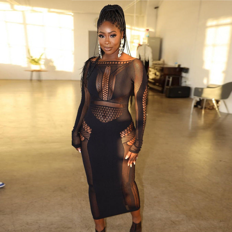 Cutout Knit Long Sleeve Bodycon Maxi Dress