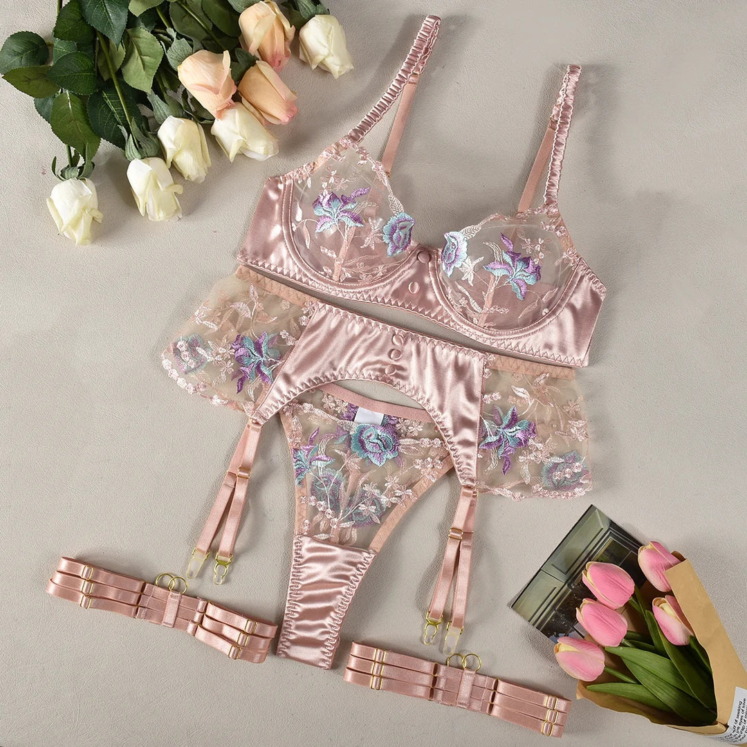 Nude Pink Satin & Lace Embroidered Set