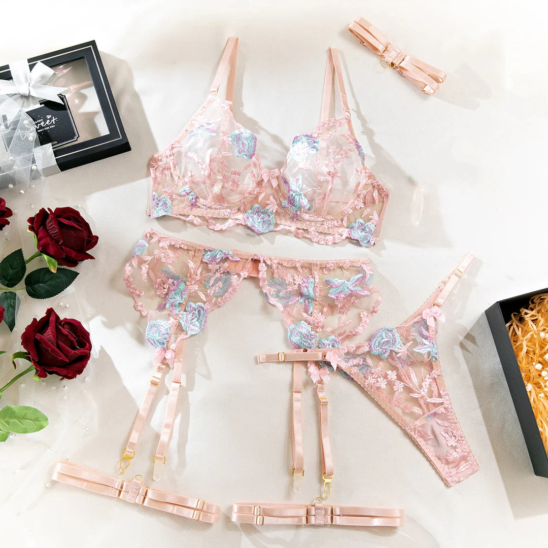 Pink Floral Embroidered Garter Set