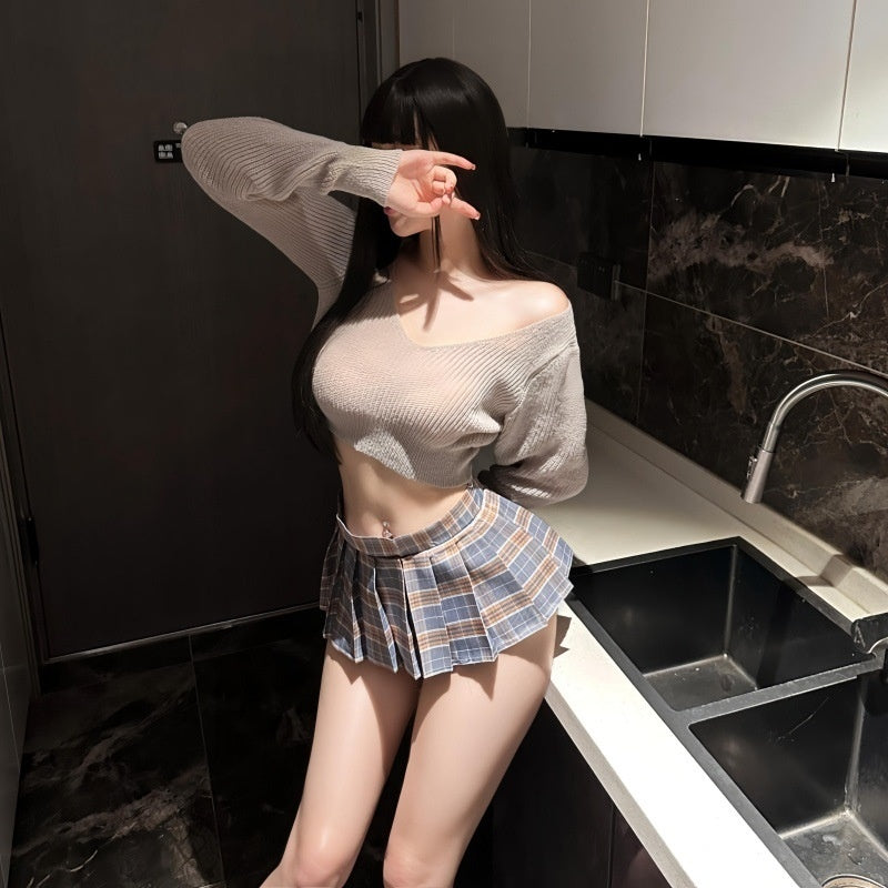 Sexy Uniform Low-Neck Sweater Plaid Miniskirt Set