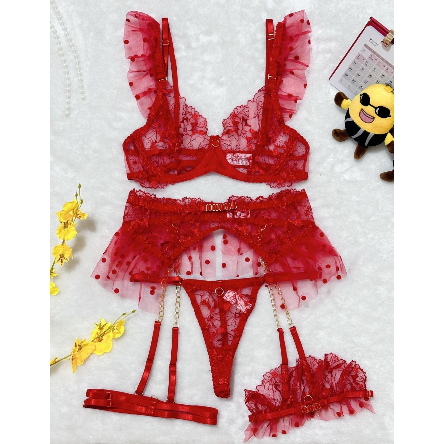 Embroidered Lace Chain Lingerie Set