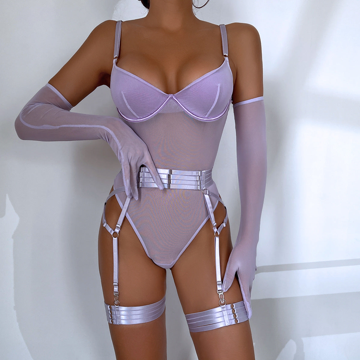 Strapped Mesh Lingerie Set – Sleek Bodysuit with Gloves