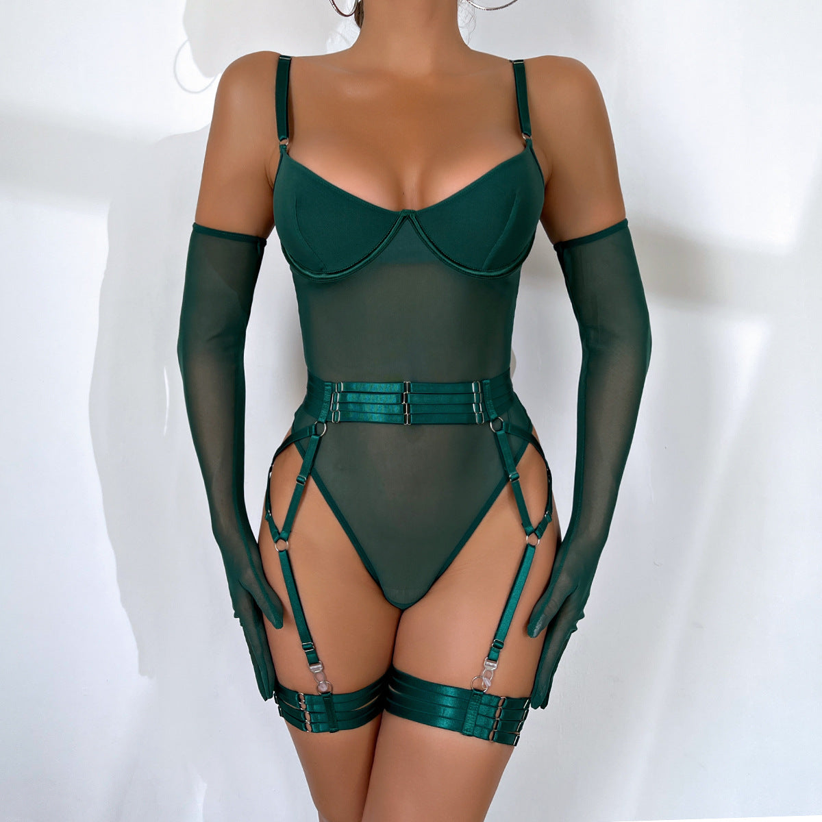 Strapped Mesh Lingerie Set – Sleek Bodysuit with Gloves
