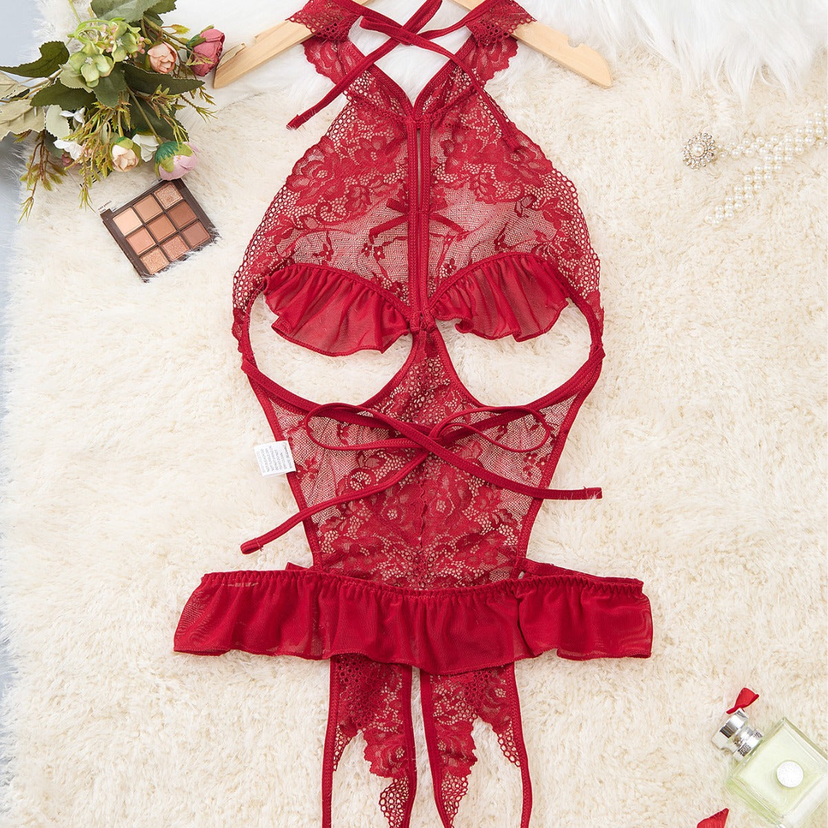 Open‑Cup Lace Cutout Halter Teddy