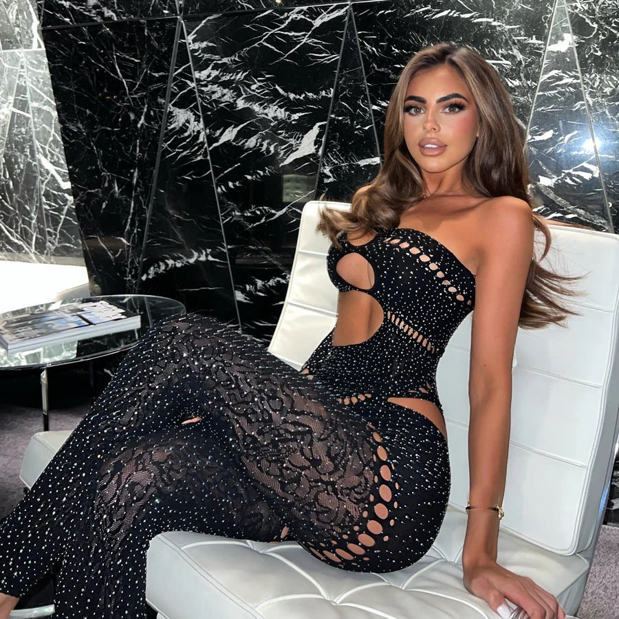 Glitter Cutout Rhinestone Bodystocking