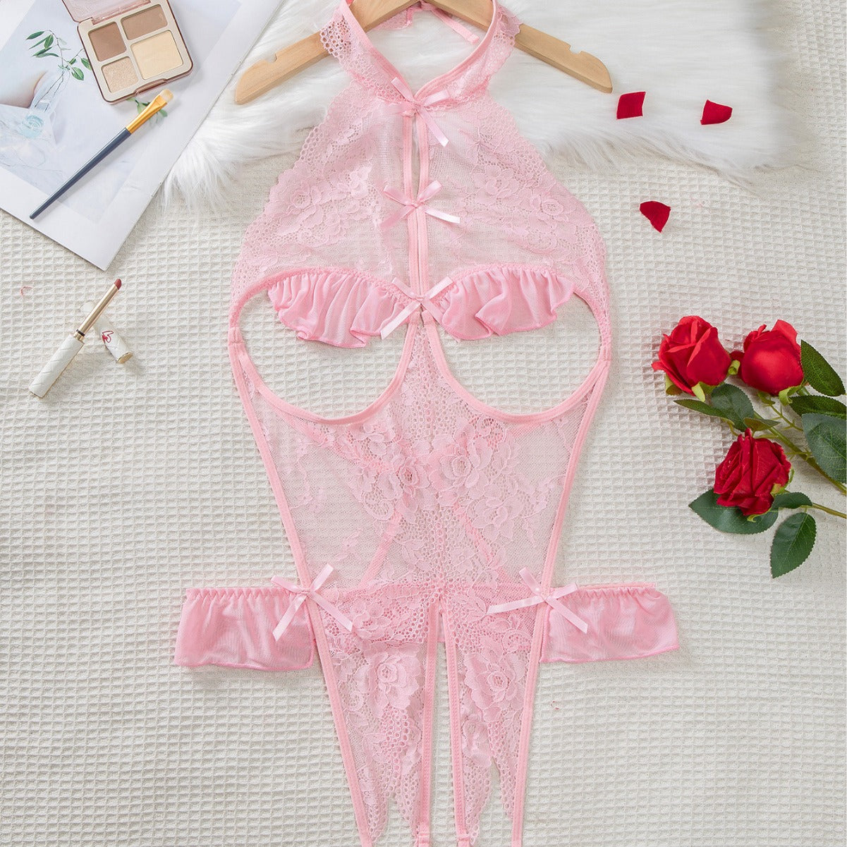 Open‑Cup Lace Cutout Halter Teddy