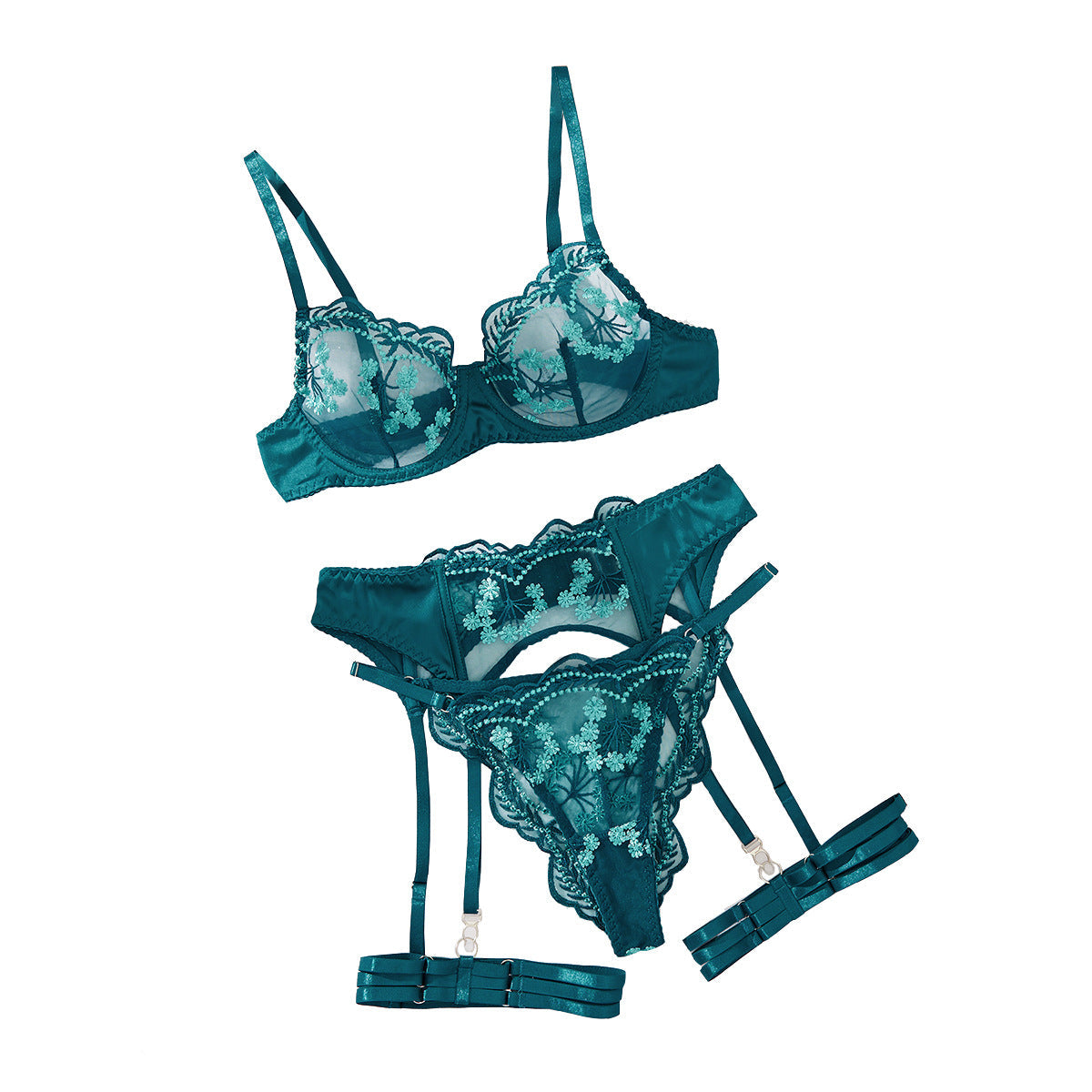 Embroidered Sheer Strap Lingerie Set