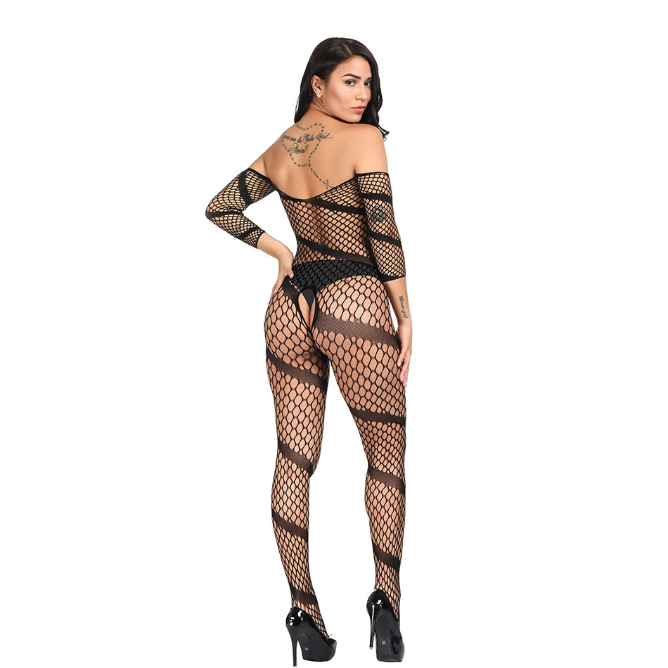 Striped Jacquard Fishnet Bodystocking