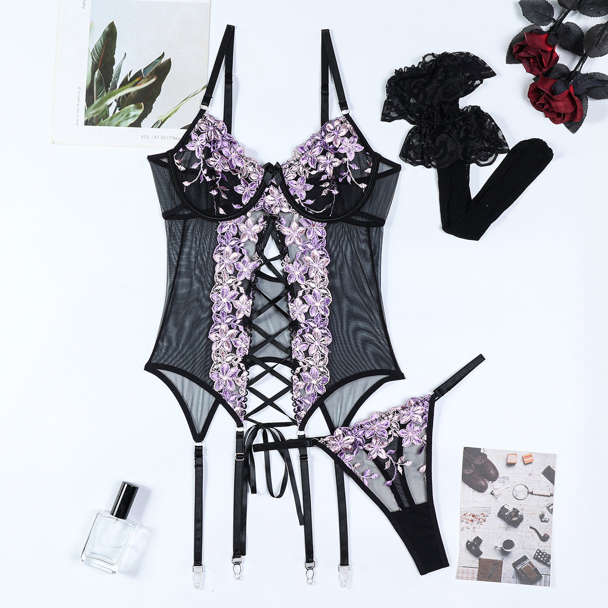 Floral Embroidered Strappy Lingerie Set✨