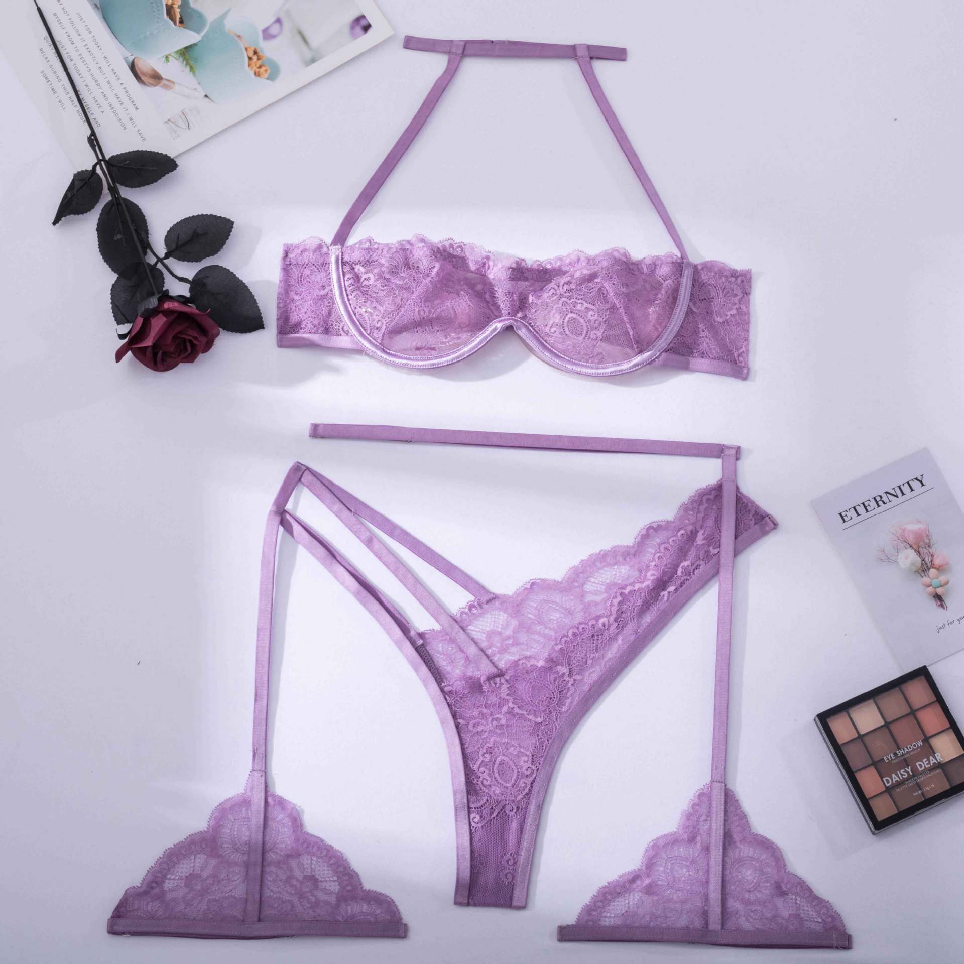 Purple Lace Underwire Suspender Set
