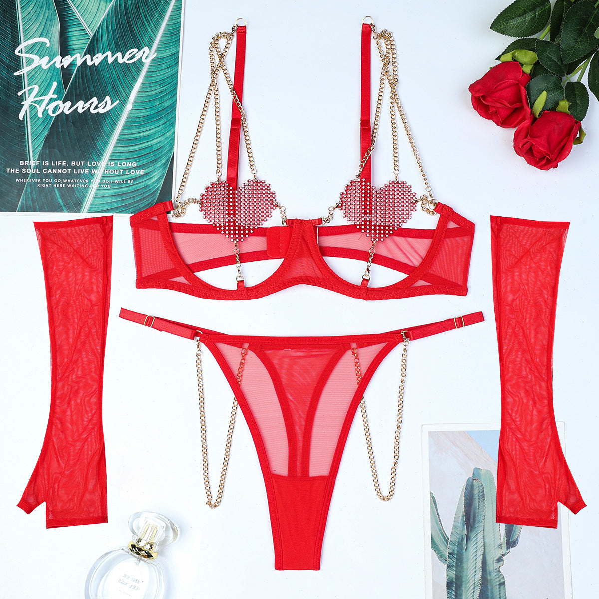 Heart Crystal & Metallic Chain Lingerie Set