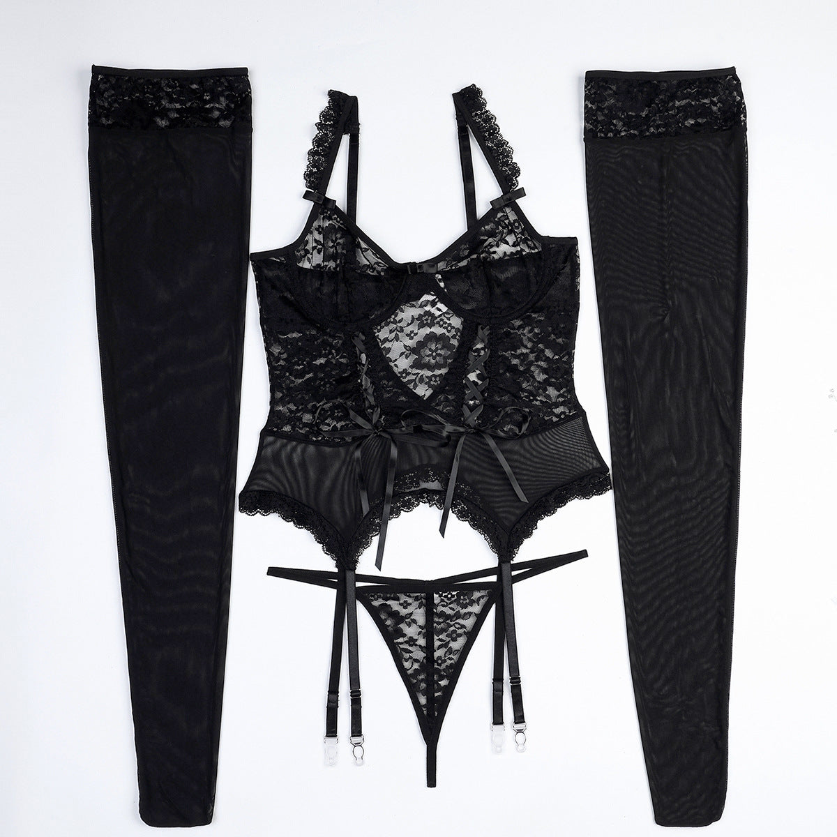 Black Lace Cutout Corset Lingerie Set
