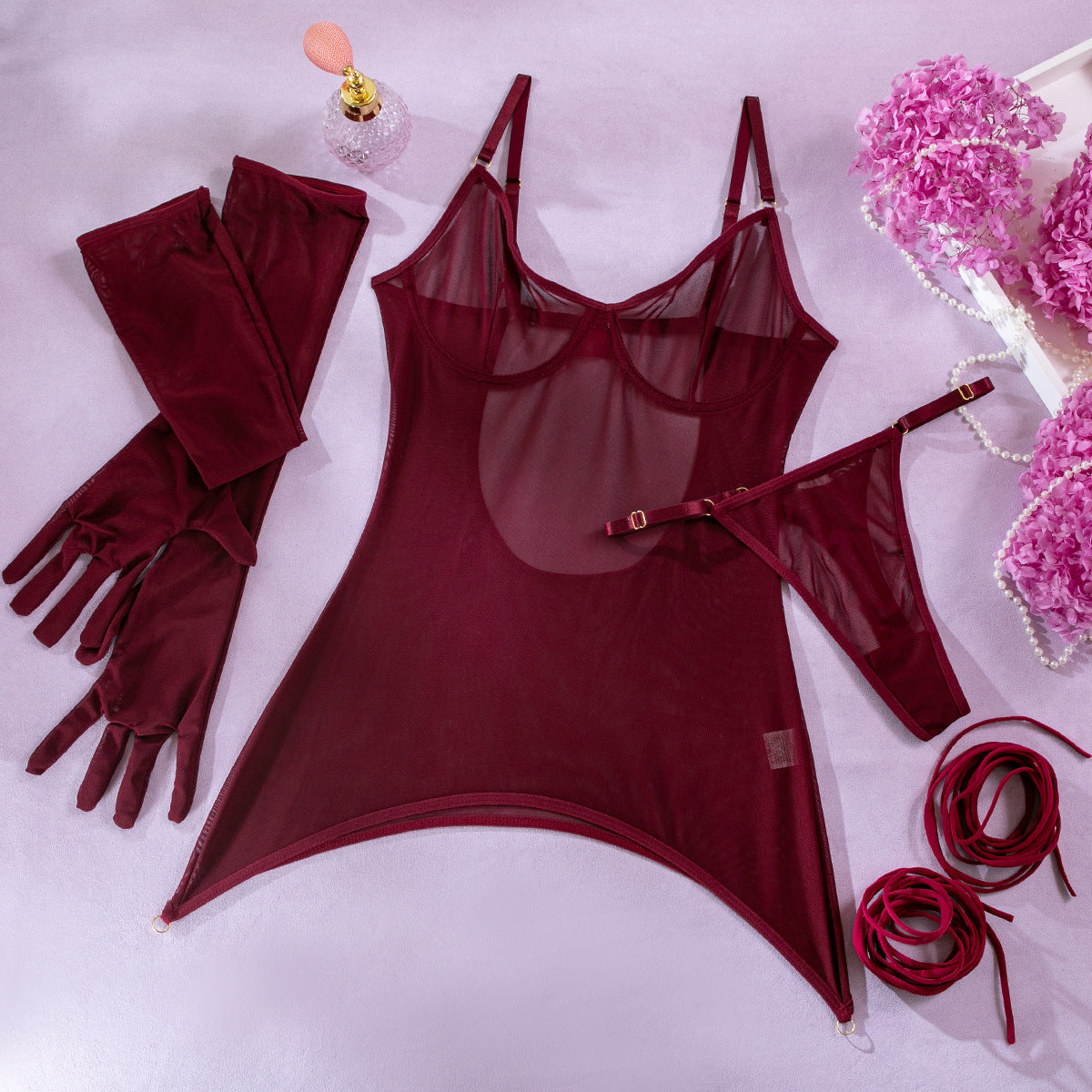 Sheer Mesh 3-Piece Lingerie Set with Gloves & Wrap Ties
