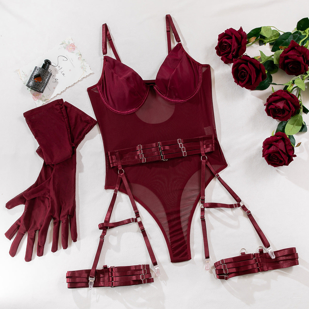 Strapped Mesh Lingerie Set – Sleek Bodysuit with Gloves
