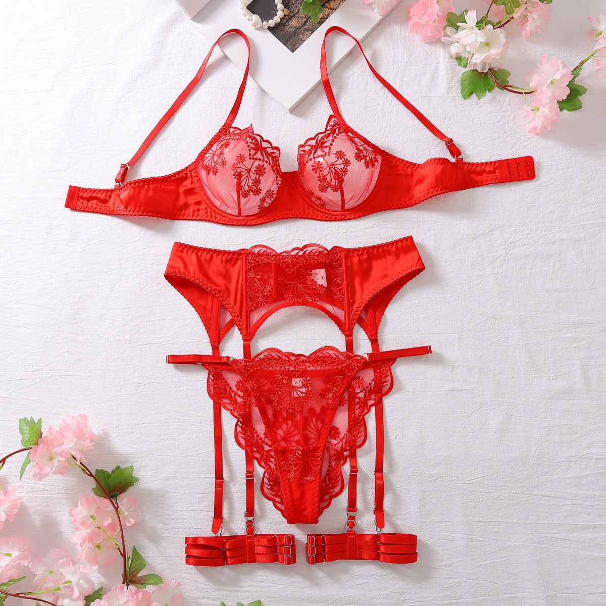 Embroidered Sheer Strap Lingerie Set