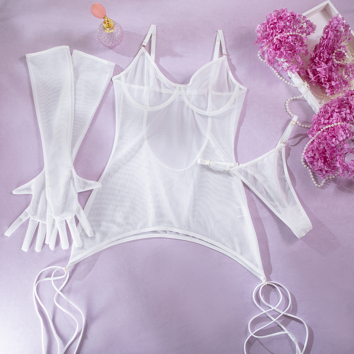 Sheer Mesh 3-Piece Lingerie Set with Gloves & Wrap Ties