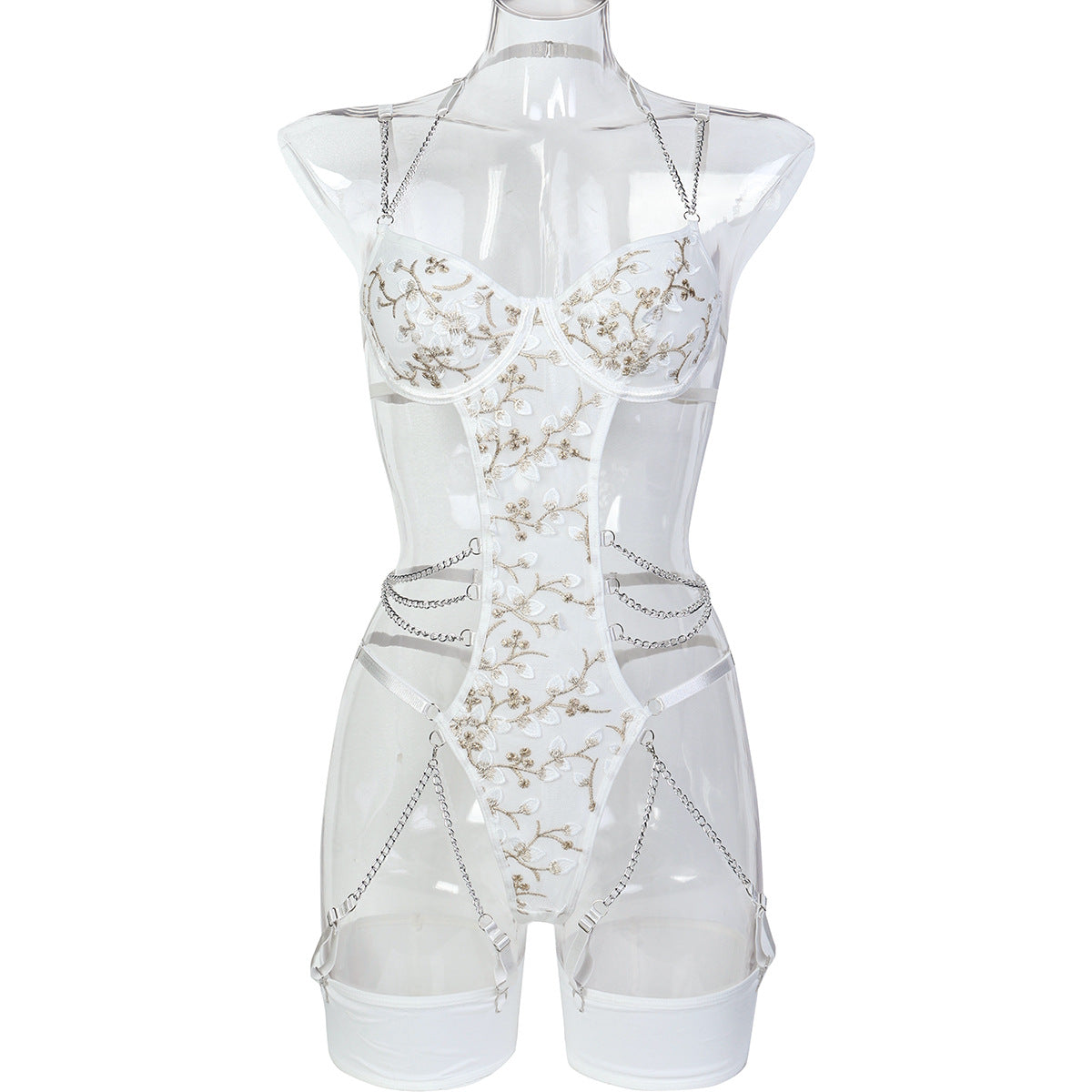 Lace Embroidered Metal Chain Halter Bodysuit