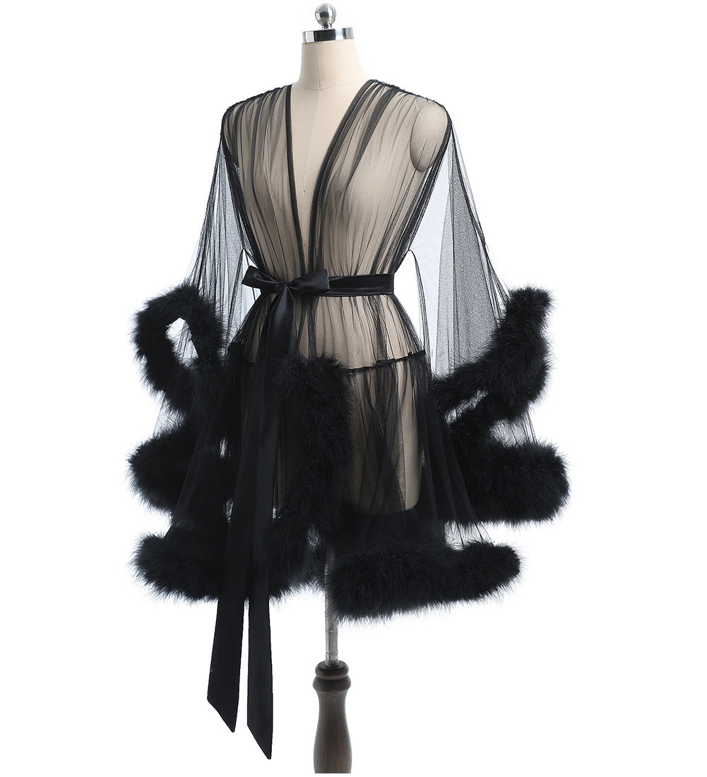 Sheer Mesh Feather Robe