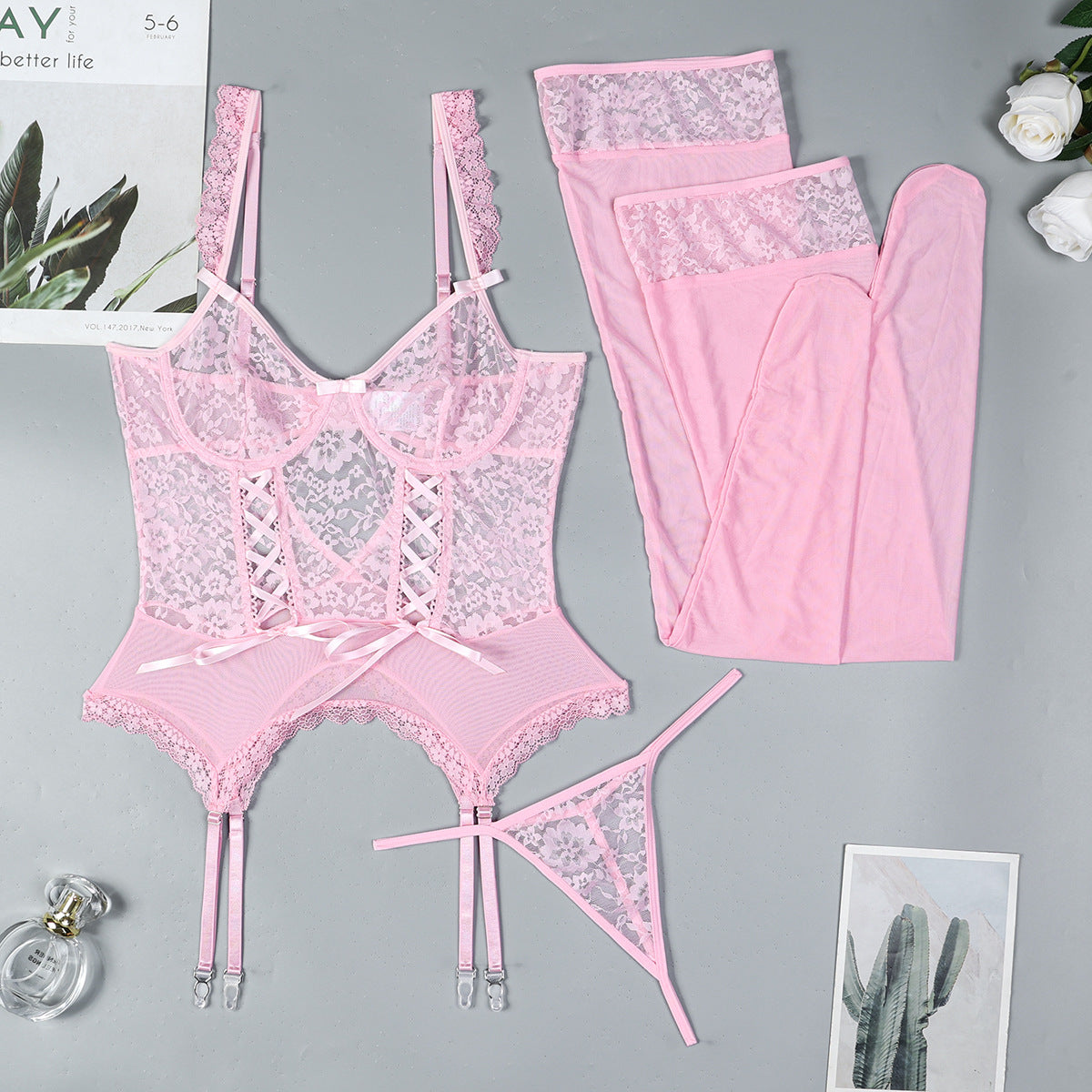 Black Lace Cutout Corset Lingerie Set