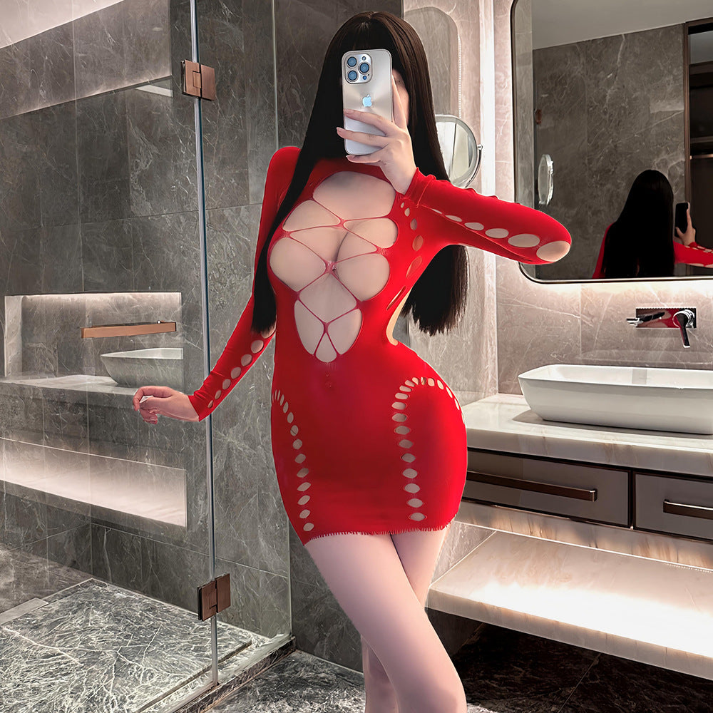 Sexy mesh long-sleeved backless pajamas with hip skirt