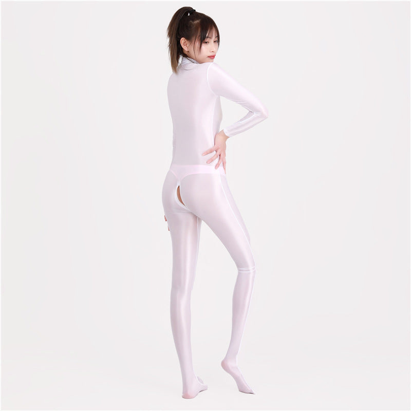 Double zipper crotch jumpsuit high elastic shiny sexy