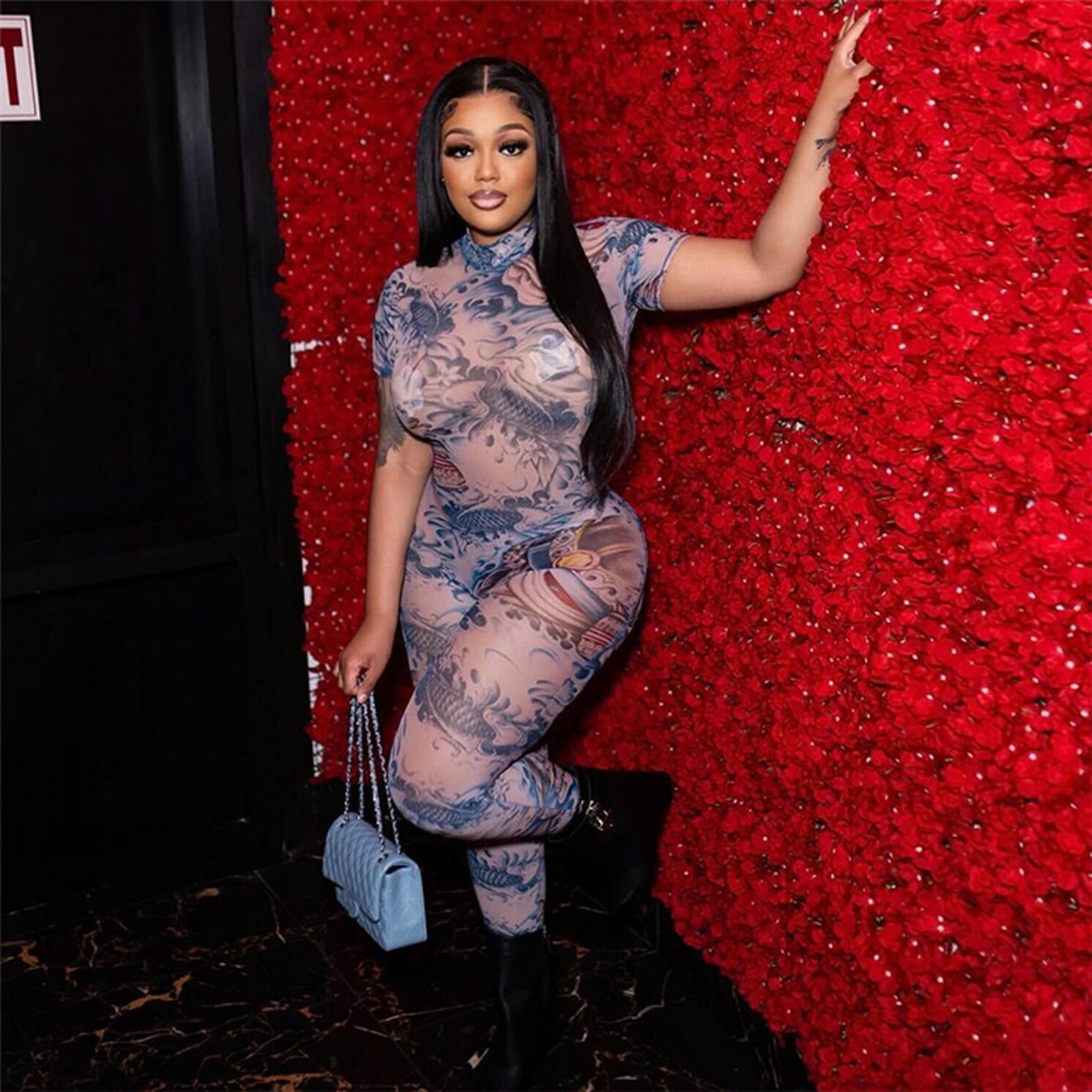 Hot selling women's backless printed see-through jumpsuit