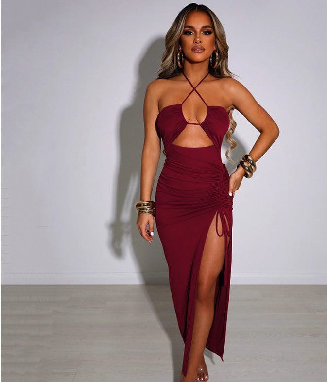 Sexy high-slit pleated halterneck dress