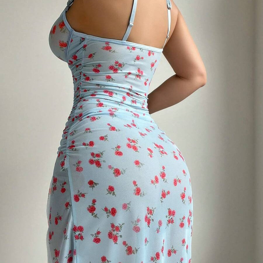 New Sexy Women's Printed Backless Slit Top Nightdress