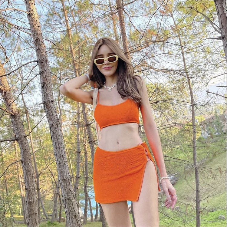 High-end swimsuit candy color split three-piece suspender bikini