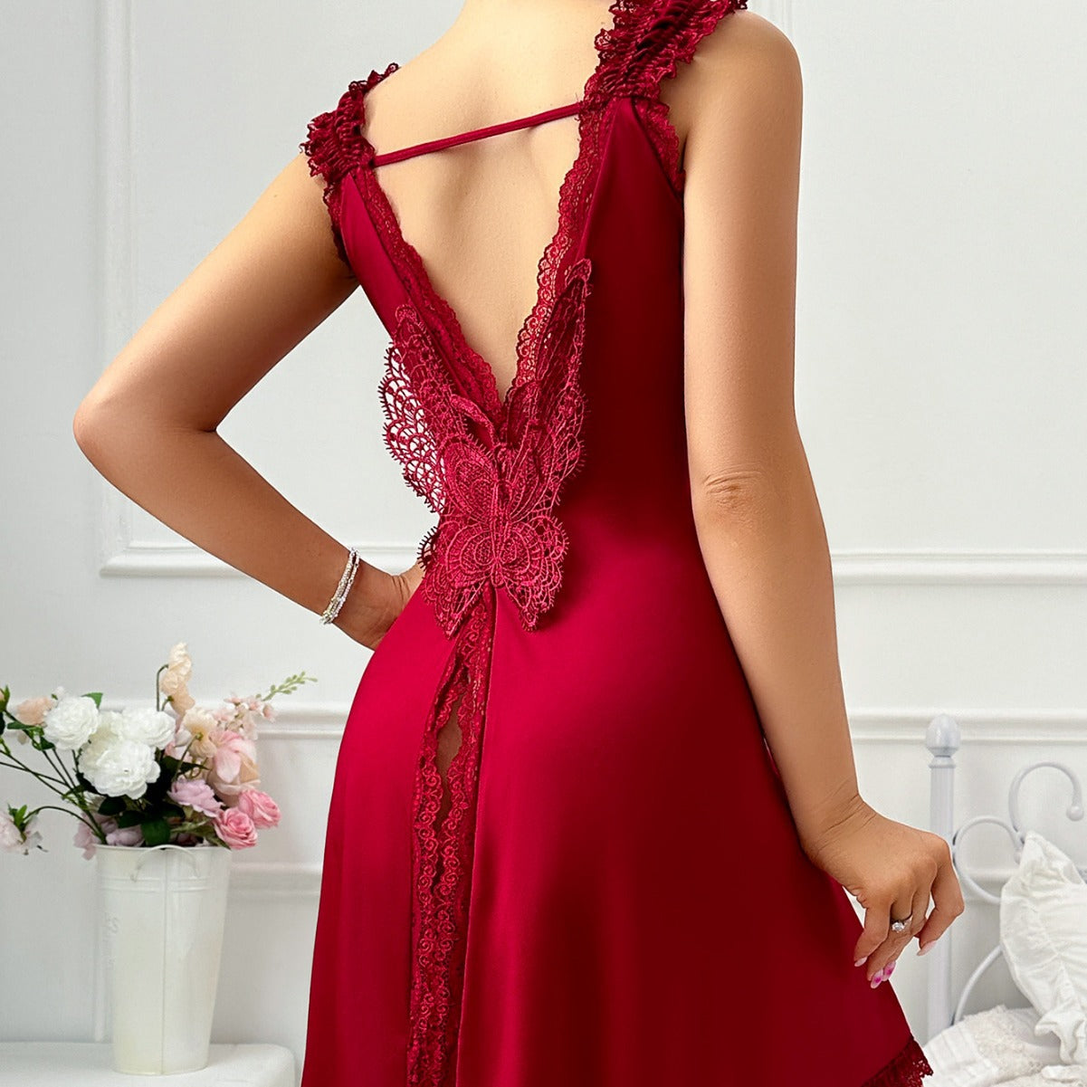 Lace mesh stitching see-through sexy nightdress