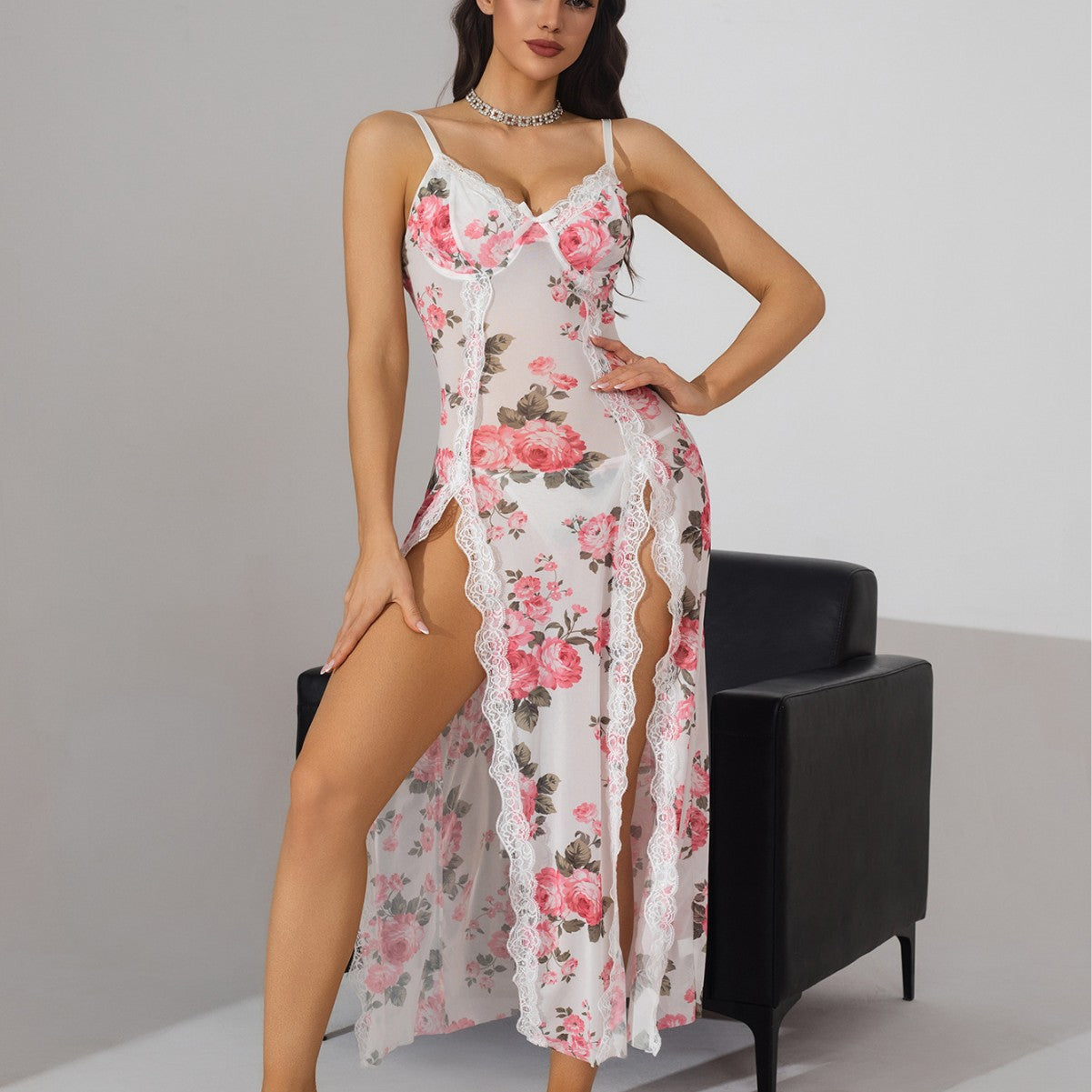 Sexy lingerie see-through maxi skirt thong two-piece set