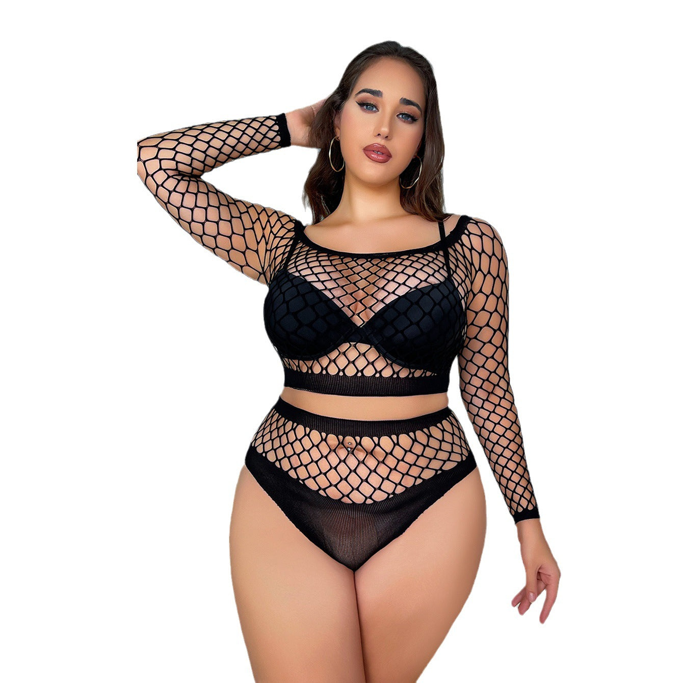 Plus size two piece fishnet sexy suit