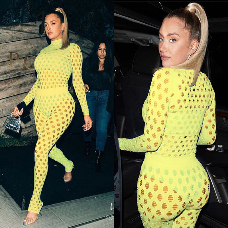 Sexy high-neck ripped knitted mesh breathable suit