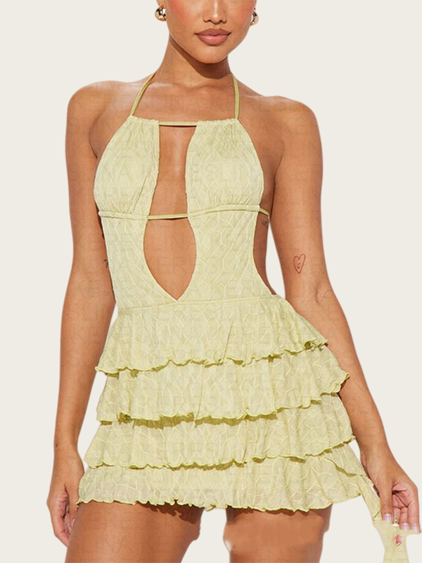 New solid color halter neck backless cake dress